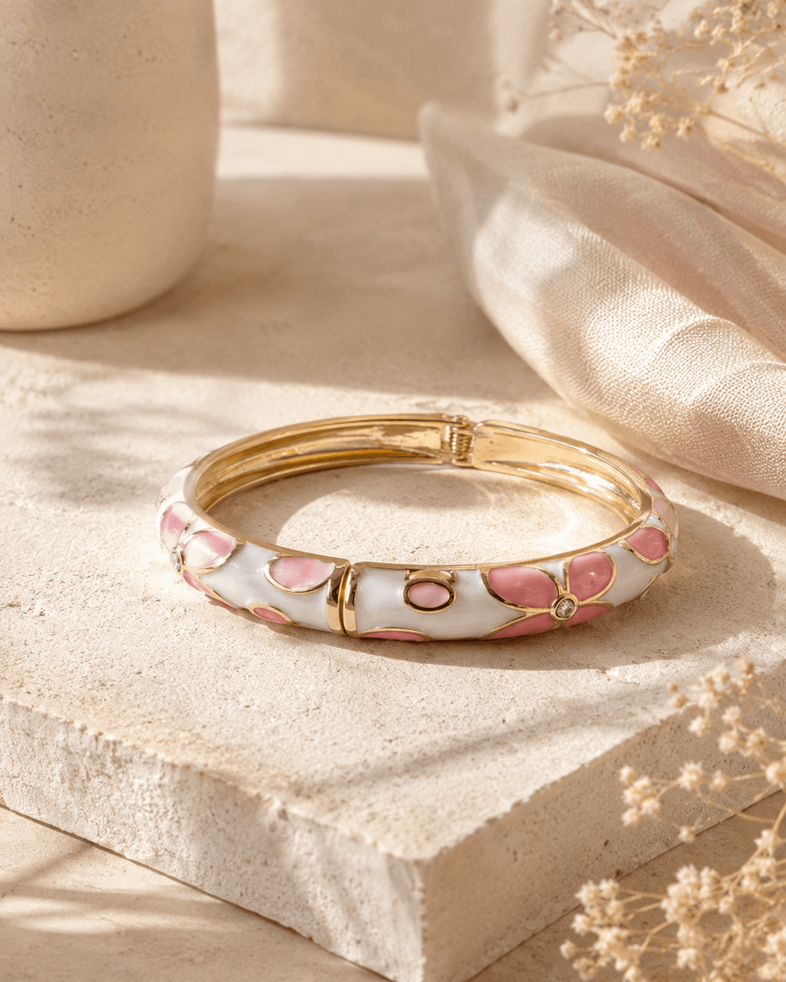 Bracelet Anthéa - Jonc émaillé fleurs - Rose